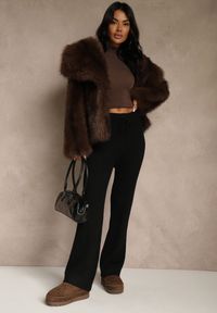 Renee - Czarne Szerokie Spodnie z Wełną High Waist z Prążkowanego Materiału Reinna. Okazja: na co dzień. Stan: podwyższony. Kolor: czarny. Materiał: prążkowany, wełna, materiał. Styl: casual #4