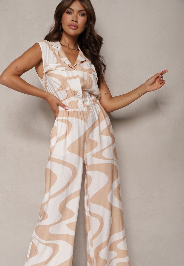 Renee - Beżowy Kombinezon z Szerokimi Nogawkami Gumką w Talii w Abstrakcyjny Print Privia. Okazja: na co dzień. Kolor: beżowy. Materiał: wiskoza, tkanina. Wzór: nadruk. Styl: casual