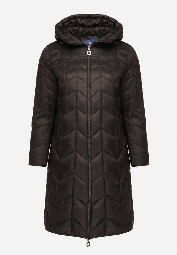 Born2be - Czarna Długa Kurtka z Ozdobnym Pikowanym Przeszyciem i Kapturem Pretini. Okazja: na co dzień. Kolekcja: plus size. Kolor: czarny. Materiał: jeans. Długość rękawa: długi rękaw. Długość: długie. Styl: klasyczny, casual, elegancki