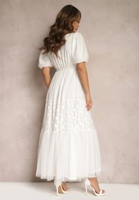 Renee - Biała Maxi Sukienka Tiulowa Rozkloszowana z Paskiem i Bufiastymi Rękawami Bervilla. Kolor: biały. Materiał: tiul. Styl: elegancki. Długość: maxi #5
