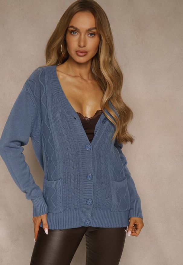 Renee - Niebieski Kardigan z Bawełną i Tłoczonym Wzorem Reisina. Okazja: na co dzień. Kolor: niebieski. Materiał: bawełna. Styl: casual, elegancki