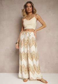 Renee - Beżowe Spodnie z Wiskozy o Szerokim Kroju High Waist ze Wzorem Boho Neolissea. Okazja: na co dzień, na spacer. Stan: podwyższony. Kolor: beżowy. Materiał: wiskoza. Sezon: lato. Styl: boho #3