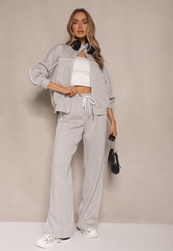 Renee - Szary Retro Komplet Dresowy z Wiskozą Bluza i Spodnie o Szerokim Kroju Selriza. Kolor: szary. Materiał: dresówka, wiskoza