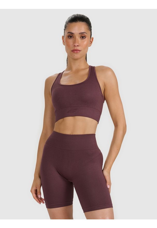 4f - 4F Biustonosz treningowy z niskim wsparciem damski - brązowy M/L. Kolor: brązowy. Materiał: elastan, materiał, włókno, dzianina, skóra, syntetyk. Rodzaj stanika: wyciągane miseczki. Sport: fitness, joga i pilates