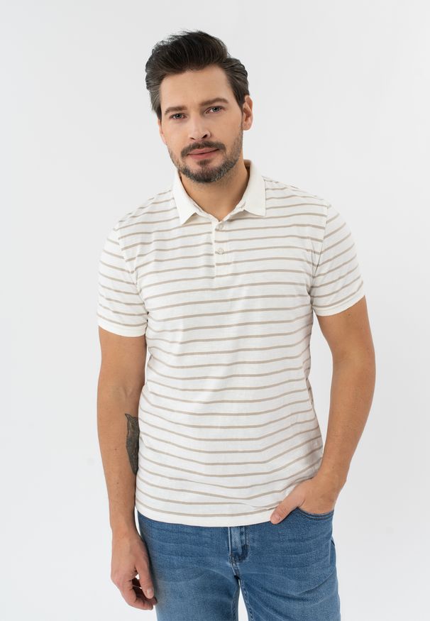 Volcano - Polo w paski O-LANTIANO. Typ kołnierza: polo. Kolor: kremowy. Materiał: prążkowany, bawełna, skóra, materiał. Wzór: paski. Sezon: wiosna, jesień, lato