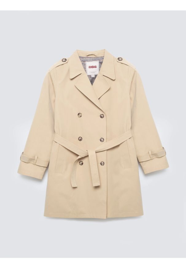 Big-Star - Trencz dziewczęcy dwurzędowy wiązany beżowy Eliska 801. Okazja: na co dzień, na spacer. Kolor: beżowy. Materiał: materiał. Długość: krótkie. Wzór: kratka. Sezon: jesień. Styl: klasyczny, casual, elegancki