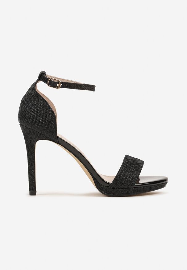 Renee - Czarne Brokatowe Sandały na Szpilce Zapinane Wokół Kostki Mlinaya. Okazja: na co dzień. Kolor: czarny. Materiał: len. Obcas: na szpilce. Styl: elegancki, casual