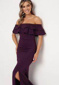Born2be - Fioletowa Elegancka Sukienka Typu Hiszpanka z Rozkloszowanym Dołem i Wycięciami Tumini. Okazja: na imprezę. Typ kołnierza: dekolt hiszpanka. Kolor: fioletowy. Materiał: dzianina, skóra. Długość rękawa: krótki rękaw. Sezon: lato. Typ sukienki: rozkloszowane, dopasowane. Styl: elegancki #7