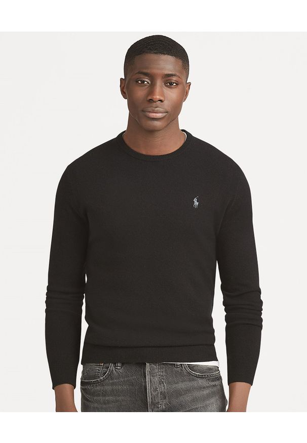 Ralph Lauren - RALPH LAUREN - Czarny sweter z wełny merino. Kolor: czarny. Materiał: wełna. Wzór: haft, aplikacja