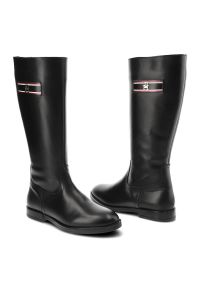 TOMMY HILFIGER - Czarne Kozaki Damskie Tommy Hilfiger Eleganckie Skórzane Buty. Kolor: czarny. Materiał: skóra. Szerokość cholewki: normalna. Sezon: lato. Obcas: na obcasie. Styl: elegancki. Wysokość obcasa: niski #3
