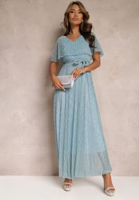 Renee - Jasnoniebieska Koktajlowa Sukienka Maxi z Ozdobną Falbaną na Górze Cailey. Kolor: niebieski. Materiał: materiał, tkanina. Długość rękawa: krótki rękaw. Wzór: gładki. Sezon: lato, wiosna. Styl: wizytowy. Długość: maxi