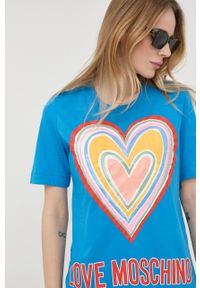 Love Moschino t-shirt bawełniany. Okazja: na co dzień. Kolor: niebieski. Materiał: bawełna. Długość rękawa: krótki rękaw. Długość: krótkie. Styl: casual #3