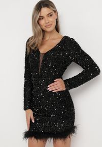 Born2be - Czarna Cekinowa Sukienka Mini z Głębokim Dekoltem z Siateczką i Piórami Stellira. Kolor: czarny. Styl: wizytowy. Długość: mini #2
