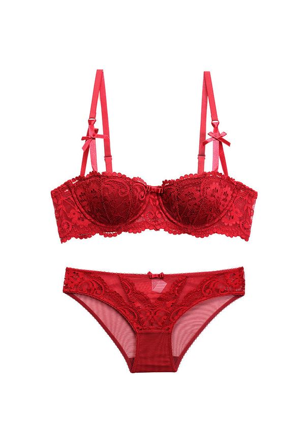 Intica - Biustonosz push-up z koronką i majtki komplet bielizny Dujka. Kolor: czerwony. Materiał: koronka. Wzór: koronka