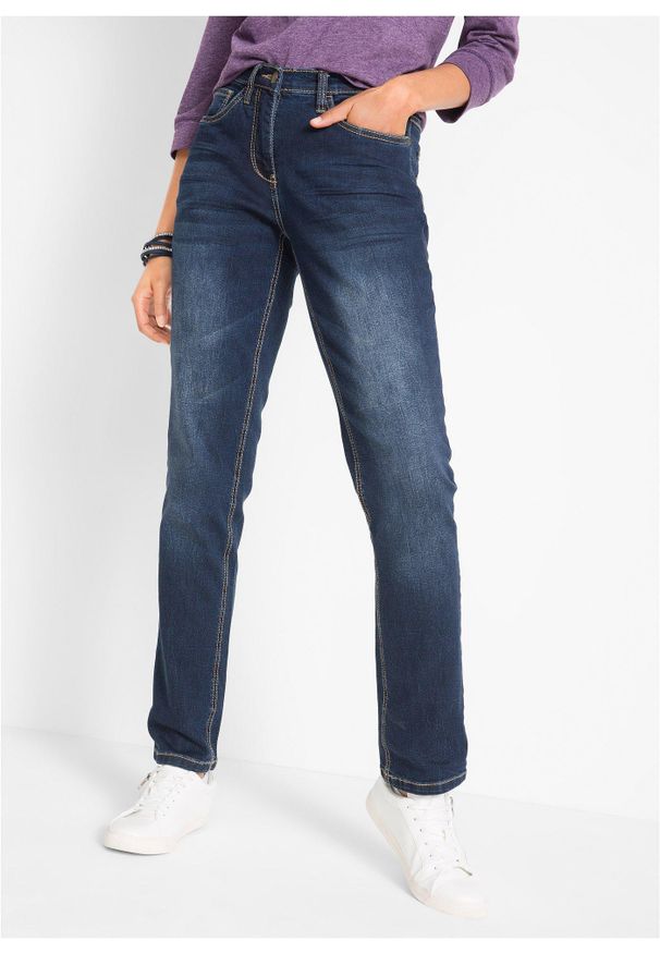 bonprix - Dżinsy straight, mid waist, ze stretchem. Okazja: na co dzień. Kolor: niebieski. Styl: casual