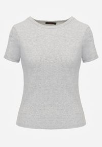 Renee - Szary Bawełniany T-shirt o Dopasowanym Kroju z Prążkowanego Materiału Lailya. Okazja: na co dzień. Kolor: szary. Materiał: prążkowany, materiał, bawełna. Wzór: gładki. Styl: casual, klasyczny #2