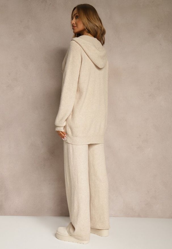 Renee - Beżowy Komplet z Wełną i Bawełną Rozpinana Bluza z Kapturem i Szerokie Spodnie Reisema. Kolor: beżowy. Materiał: wełna, bawełna
