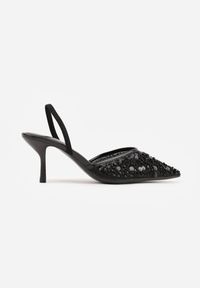 Renee - Czarne Szpilki Slingback Ozdobione Cekinami Vikiraie. Nosek buta: otwarty. Kolor: czarny. Materiał: skóra. Wzór: aplikacja. Obcas: na szpilce. Styl: elegancki #8