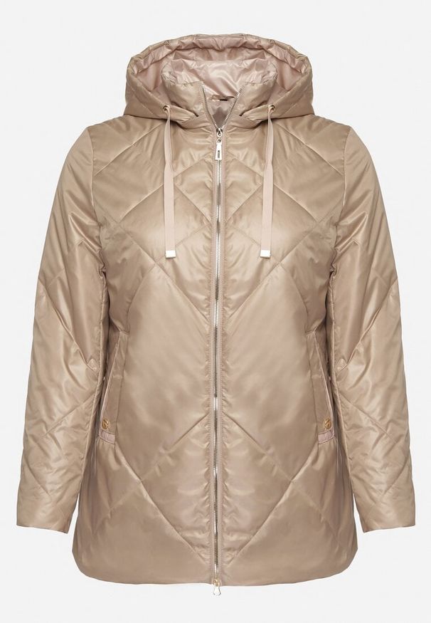 Born2be - Beżowa Kurtka z Odpinanym Kapturem i Ozdobnym Pikowaniem Xalseli. Okazja: na co dzień, na spacer. Kolekcja: plus size. Kolor: beżowy. Materiał: jeans. Styl: klasyczny, casual, elegancki