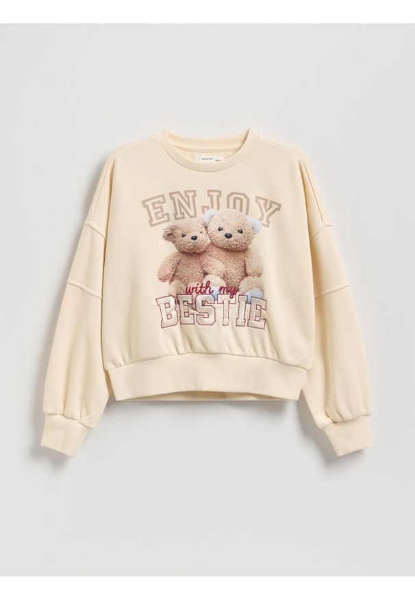 Reserved - Bawełniana bluza z nadrukiem - kremowy. Kolor: kremowy. Materiał: bawełna. Wzór: nadruk