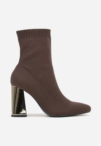 Born2be - Brązowe Eleganckie Botki VICES na Słupku ze Skarpetkową Cholewką Rasoria. Okazja: na spotkanie biznesowe, do pracy, na co dzień. Zapięcie: bez zapięcia. Kolor: brązowy. Materiał: skóra, satyna. Szerokość cholewki: normalna. Obcas: na słupku. Styl: elegancki