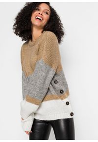 bonprix - Sweter oversize w paski z guzikami. Kolor: beżowy. Wzór: paski #3
