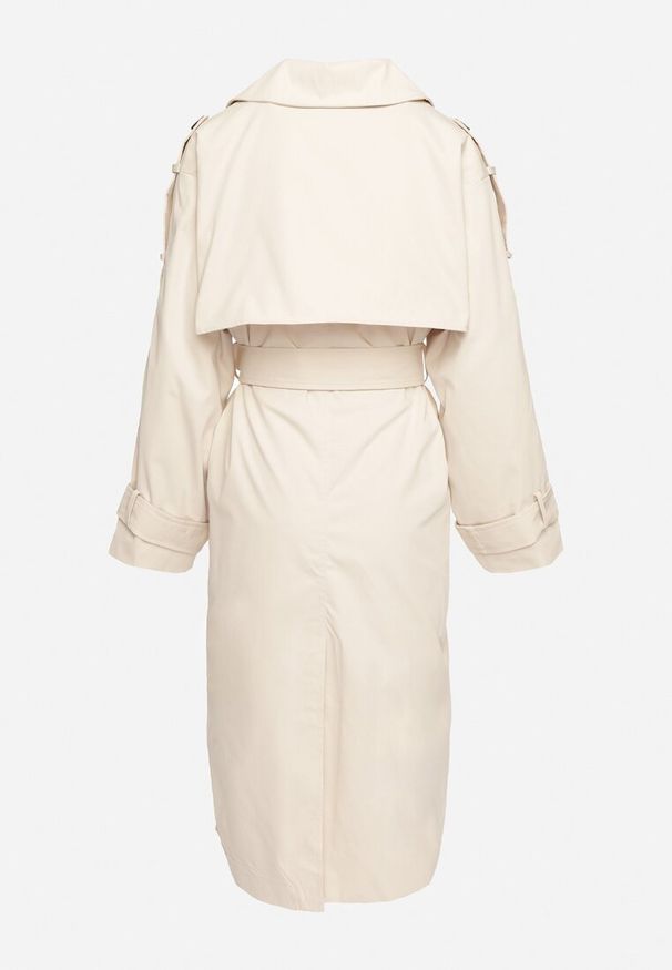 Born2be - Beżowy Dwurzędowy Płaszcz Trencz z Wiązanym Paskiem Rozcięciem i Klapą Terezi. Okazja: na co dzień. Kolor: beżowy. Materiał: jeans. Styl: casual, elegancki, klasyczny