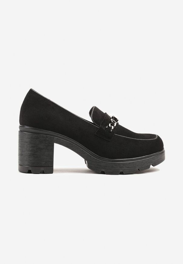 Renee - Czarne Półbuty na Słupku ze Skórzaną Wkładką Ozdobione Łańcuchem Tuella. Okazja: na co dzień. Kolor: czarny. Materiał: skóra. Wzór: aplikacja. Obcas: na słupku. Styl: casual. Wysokość obcasa: średni