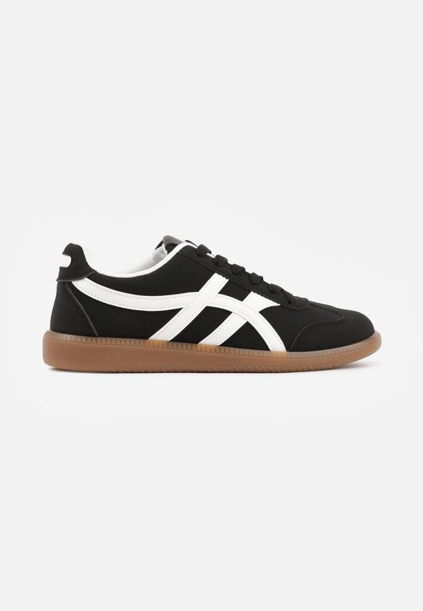 Renee - Czarne Sneakersy w Stylu Tenisówek Ozdobione Geometrycznymi Paskami Zitora. Okazja: na co dzień. Zapięcie: pasek. Kolor: czarny. Wzór: geometria, aplikacja
