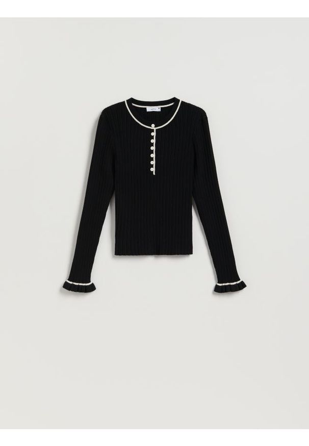 Reserved - Sweter w prążek - czarny. Kolor: czarny. Materiał: wiskoza, prążkowany, dzianina. Wzór: prążki