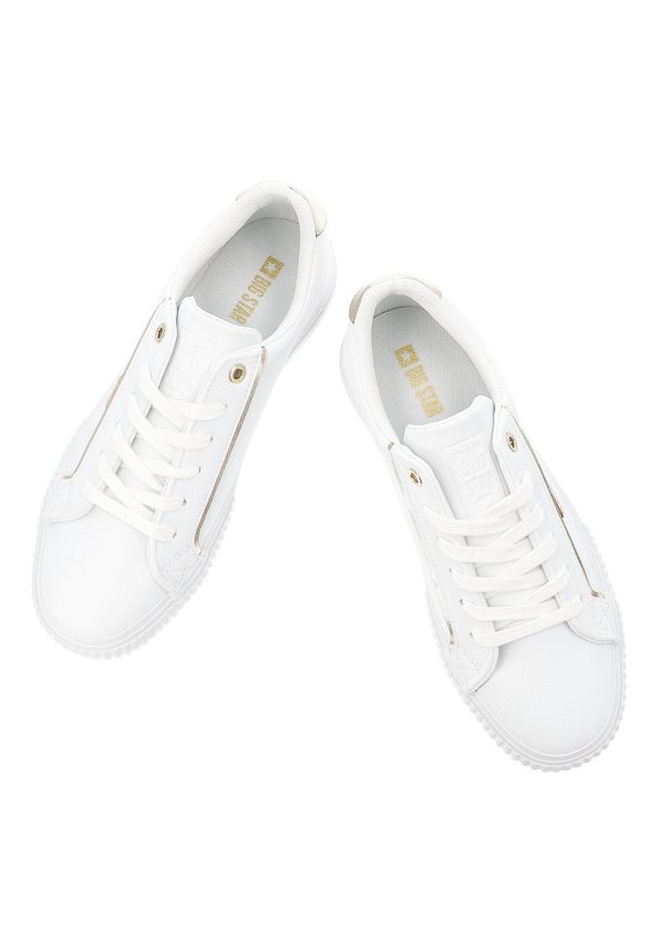 Big-Star - Sneakersy damskie Big Star, na płaskiej podeszwie z eko skóry z okrągłym noskiem i sznurowane, białe, SS274026. Okazja: na co dzień. Nosek buta: okrągły. Zapięcie: sznurówki. Kolor: biały. Materiał: skóra, syntetyk, materiał, guma. Szerokość cholewki: normalna. Obcas: na płaskiej podeszwie