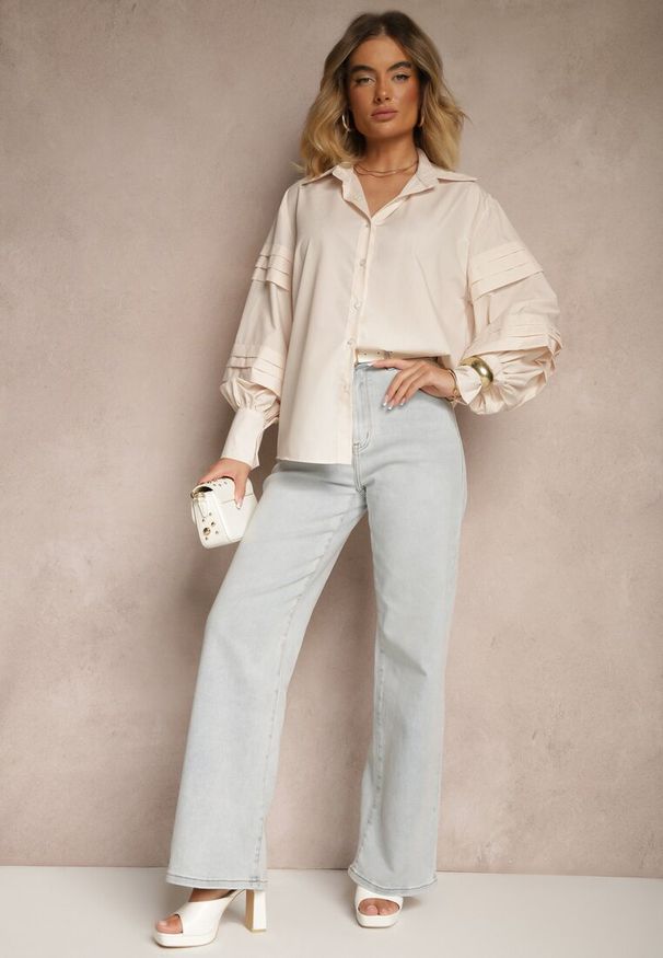 Renee - Jasnobeżowa Koszula z Bawełną i Szerokimi Rękawami Edioniela. Okazja: na co dzień. Kolor: beżowy. Materiał: bawełna. Sezon: wiosna. Styl: casual, elegancki