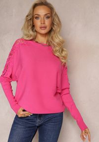 Renee - Fuksjowy Sweter z Rękawami Typu Nietoperz i Wstawkami z Koronki Moia. Kolor: różowy. Materiał: koronka. Wzór: koronka #2