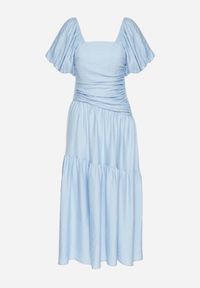 Born2be - Niebieska Sukienka Rozkloszowana z Wiskozy z Kwadratowym Dekoltem i Drapowaniem Napessia. Okazja: na co dzień. Typ kołnierza: dekolt kwadratowy. Kolor: niebieski. Materiał: wiskoza. Styl: klasyczny, casual, elegancki #3