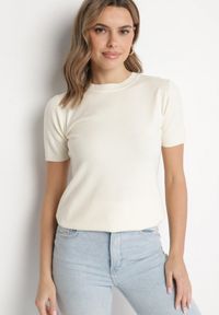 Born2be - Jasnobeżowy Sweter z Ozdobnymi Ściągaczami Sanarella. Okazja: na co dzień. Kolor: beżowy. Materiał: jeans. Wzór: aplikacja. Styl: elegancki, casual