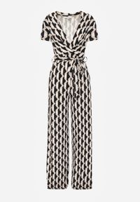 Renee - Beżowy Kopertowy Kombinezon w Geometryczny Wzór z Wiązanym Paskiem Anaba. Kolor: beżowy. Długość: długie. Wzór: geometria #8