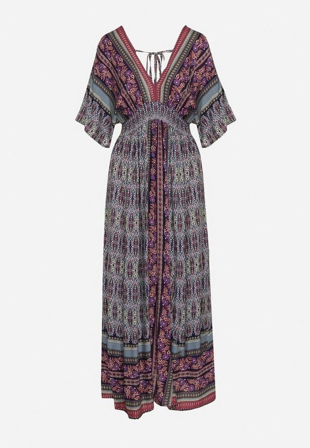 Born2be - Fioletowa Boho Sukienka z Szerokimi Rękawami z Gumką w Pasie i Wiązaniem na Plecach Piomina. Typ kołnierza: choker, dekolt w kształcie V. Kolor: fioletowy. Wzór: aplikacja. Styl: boho