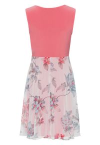 Sukienka z częścią spódnicową z siatkowego materiału z nadrukiem bonprix koralowo-biel wełny w kwiaty. Kolor: różowy. Materiał: wełna, materiał. Wzór: kwiaty, nadruk. Typ sukienki: kopertowe #3