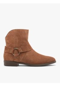 Ryłko - Rude botki kowbojki biker boots. Wysokość cholewki: za kostkę. Nosek buta: okrągły. Zapięcie: zamek. Kolor: beżowy. Materiał: skóra, welur. Szerokość cholewki: normalna. Obcas: na obcasie. Styl: street, klasyczny #1