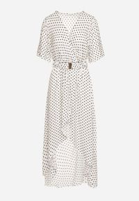 Born2be - Biała Sukienka z Kopertowym Dekoltem o Asymetrycznym Kroju z Paskiem i Gumką w Talii Drelefia. Kolor: biały. Materiał: tkanina. Długość rękawa: krótki rękaw. Typ sukienki: kopertowe, asymetryczne #2