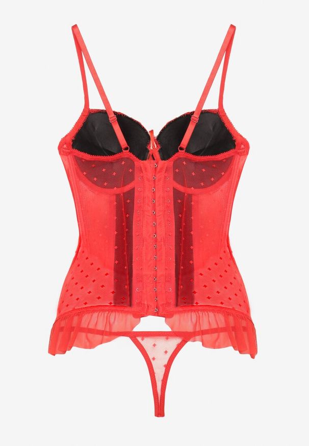 Renee - Czerwono-Czarny Koronkowy Gorset na Ramiączkach ze Stringami Paproni. Kolor: czerwony. Materiał: koronka. Wzór: paski, aplikacja