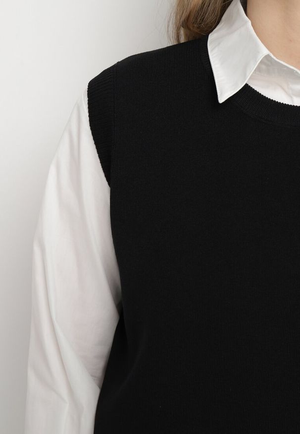 Born2be - Czarna Kamizelka z Prążkowanej Dzianiny z Klasyczną Koszulą Verisande. Okazja: na co dzień. Kolor: czarny. Materiał: prążkowany, dzianina. Styl: klasyczny