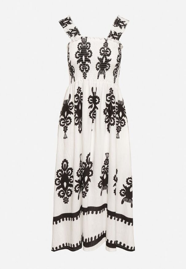 Born2be - Biała Wiskozowa Sukienka o Rozkloszowanym Kroju w Ornamentny Wzór Adoxie. Okazja: na co dzień, na spacer. Kolor: biały. Materiał: wiskoza. Długość rękawa: na ramiączkach. Typ sukienki: rozkloszowane, proste. Styl: klasyczny, casual