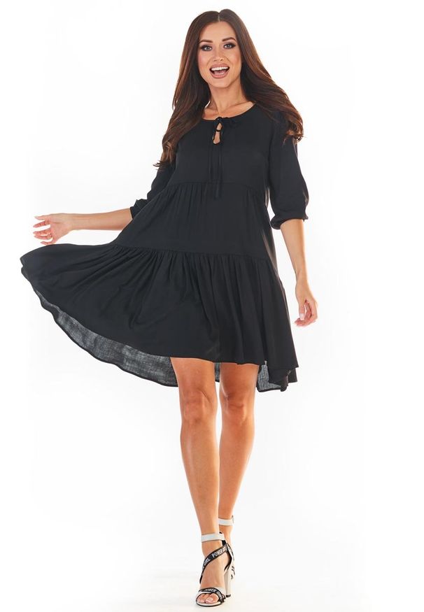 Awama - Czarna Sukienka Mini w Stylu Boho. Kolor: czarny. Materiał: elastan, wiskoza. Styl: boho. Długość: mini