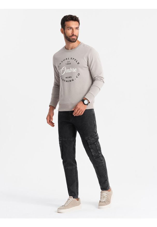 Ombre Clothing - Jeansowe spodnie cargo SLIM FIT z efektem wybielania – czarne V2 - Rozmiar: XL. Kolor: czarny. Materiał: jeans. Wzór: aplikacja. Sezon: lato. Styl: retro, klasyczny
