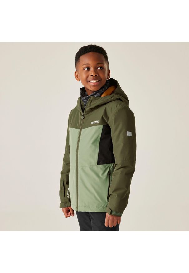 Regatta - Kurtka dziecięca przejściowa przeciwdeszczowa Beamz. Kolor: wielokolorowy, brązowy, zielony. Materiał: tkanina, puch. Styl: sportowy