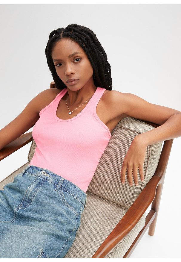 bonprix - Top w prążek z czystej bawełny organicznej (2 szt. w opak.). Kolor: różowy. Materiał: bawełna. Wzór: prążki