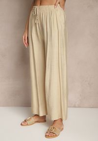 Renee - Beżowe Spodnie z Wiskozy High Waist o Szerokim Kroju Divlise. Okazja: na co dzień. Stan: podwyższony. Kolor: beżowy. Materiał: wiskoza. Styl: elegancki, casual #3