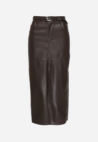 Born2be - Ciemnobrązowa Długa Spódnica High Waist z Imitacji Skóry z Dodatkowym Paskiem i Rozcięciem Wyneti. Okazja: na co dzień. Stan: podwyższony. Kolor: brązowy. Materiał: skóra. Długość: długie. Styl: klasyczny, casual, elegancki #2