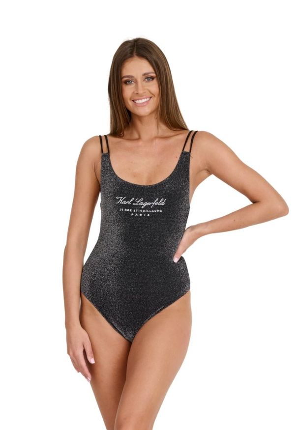 Karl Lagerfeld - KARL LAGERFELD Czarny damski jednoczęściowy strój kąpielowy Hotel Karl Lurex, Rozmiar S. Kolor: czarny